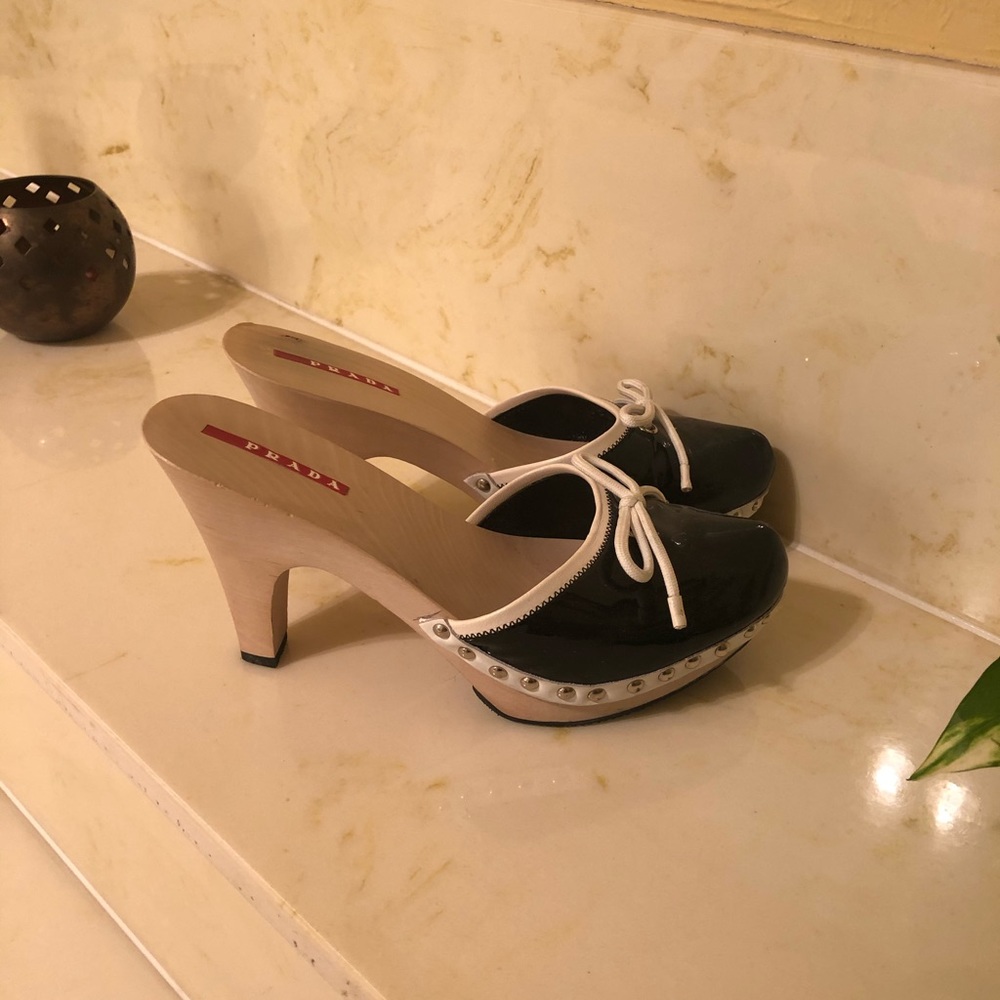 Prada Wooden Heeled Clogs / Mules 6.5 Patent